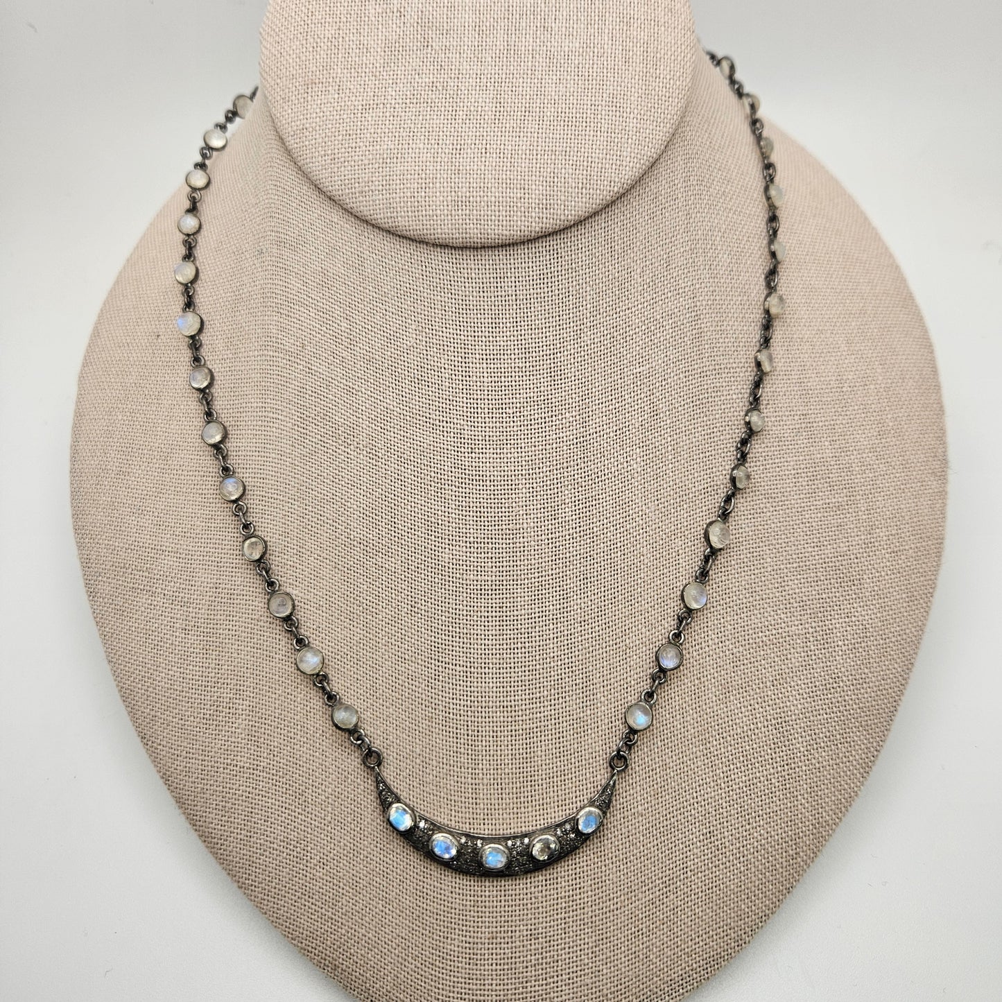 Rhodium and Sterling Silver Moonstone Chain Moon Necklace 24 inch.