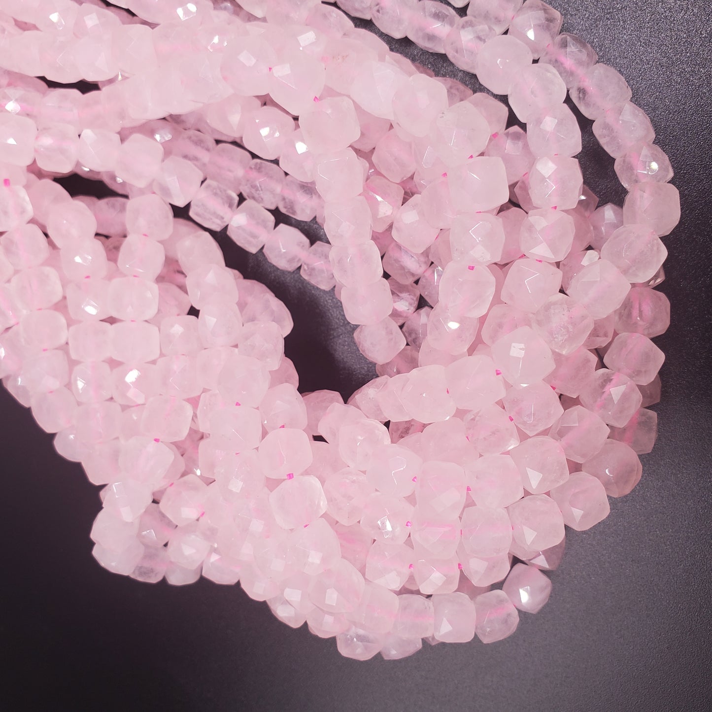Rose Quartz Cubed Square Faceted Bead Strand.