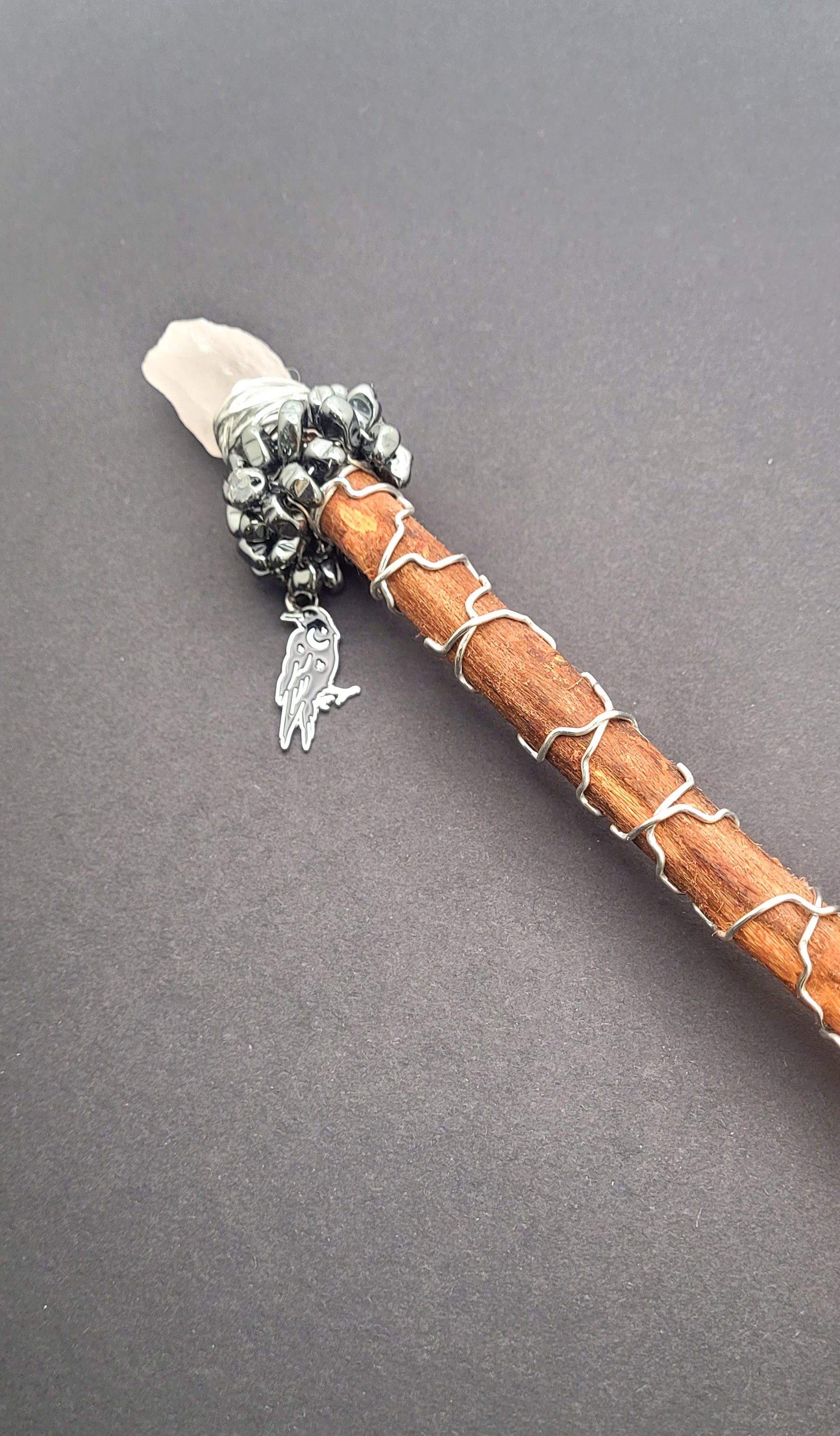 Handmade Rose Quartz, Hematite, and Raven Charm Wand.
