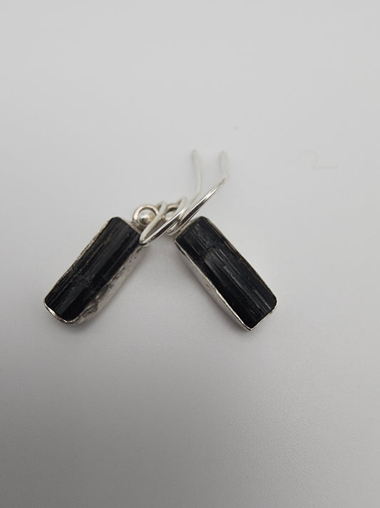 Sterling Silver Black Gemstone Rectangle Earrings.