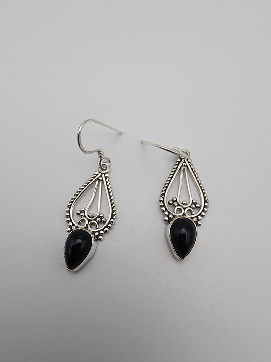 Sterling Silver Decorative Black Gemstone Dangle Earrings.