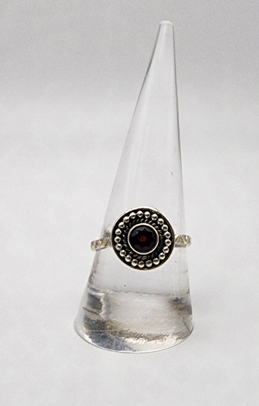 Serling Silver Round Garnet Ring.