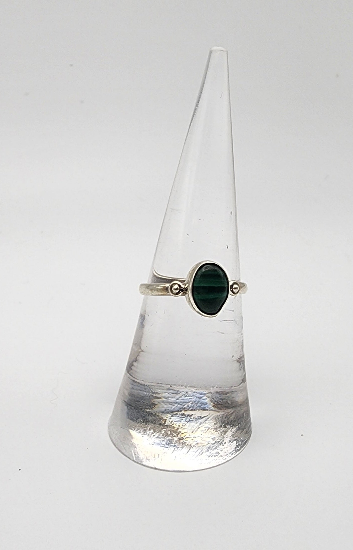 Sterling Silver Dainty Malachite Oval Ring.