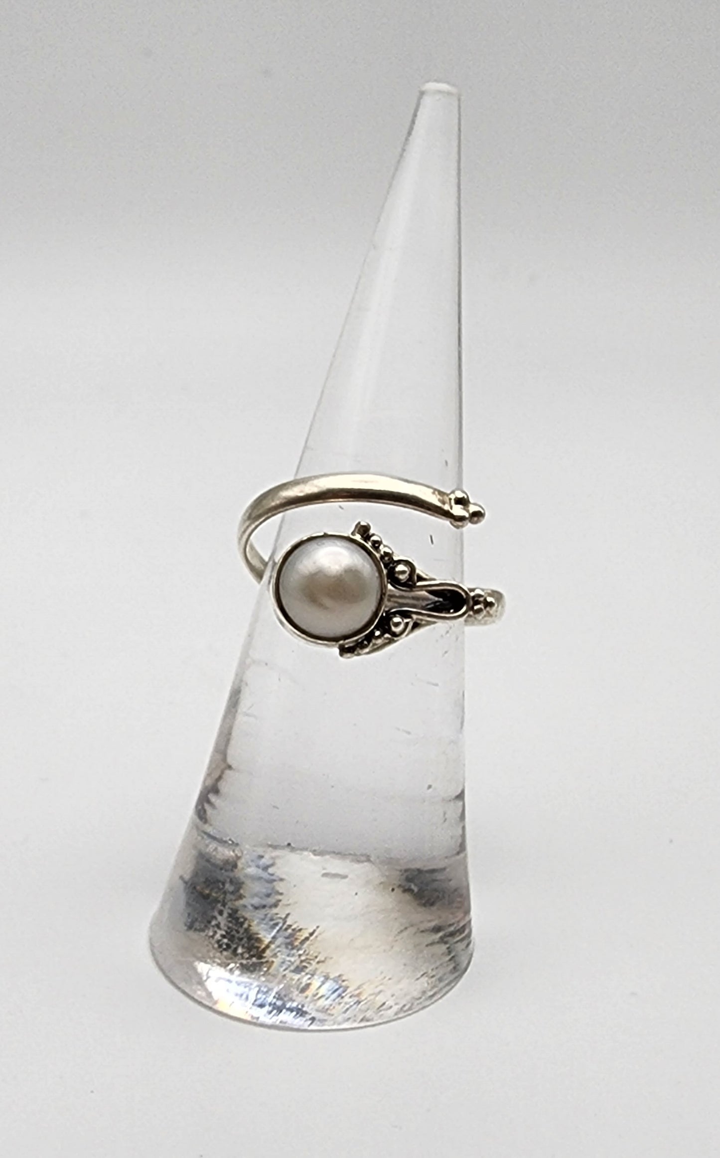Sterling Silver Ornate Pearl Adjustable Ring.