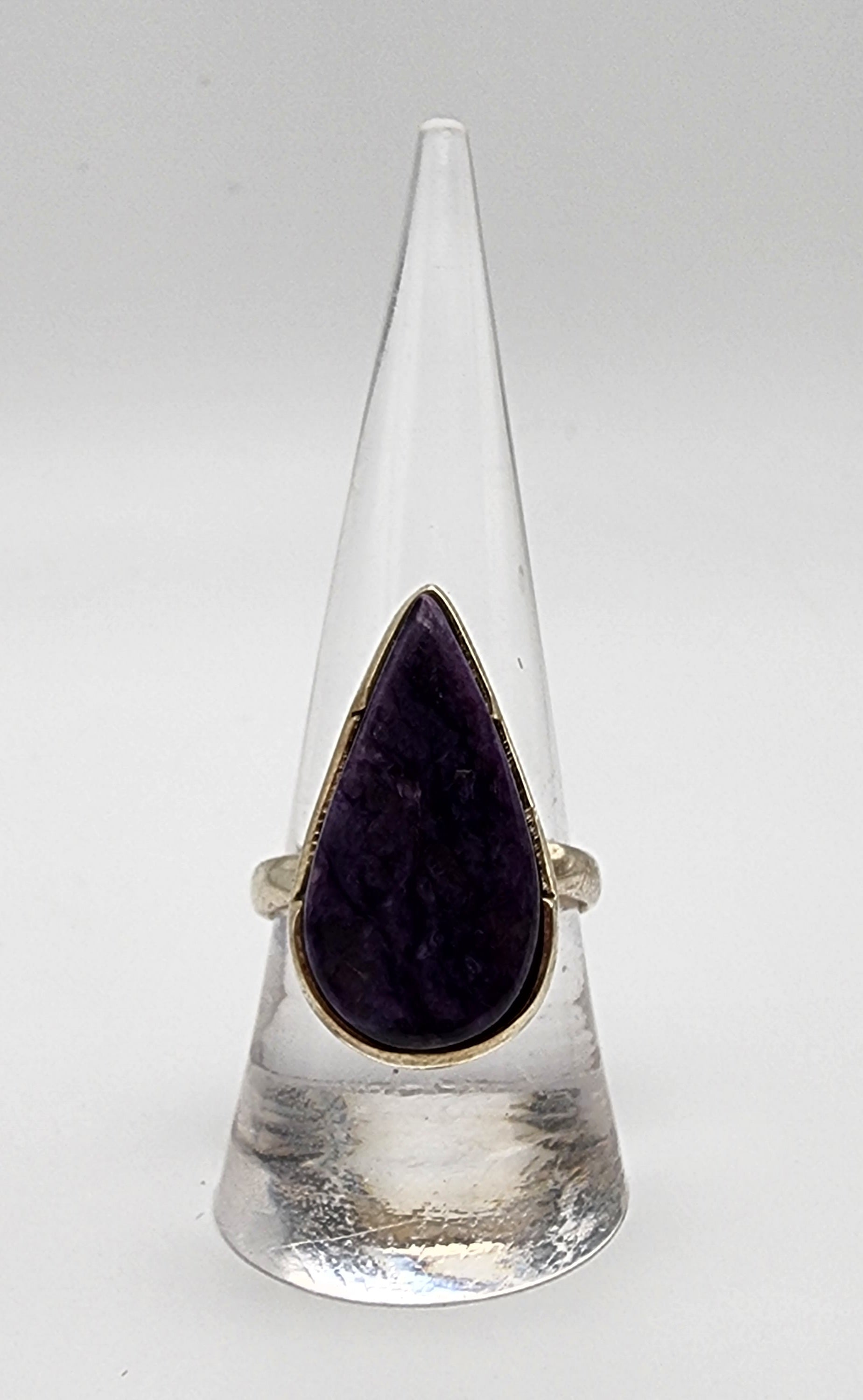 Sterling Silver Smooth Charoite Teardrop Ring.