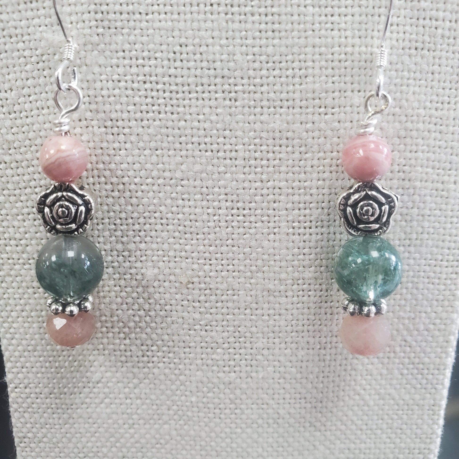 SS Strawberry and Green Quartz, and Rhodochrosite Earrings. 