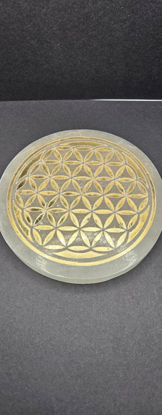 Selenite Charging Plate with Gold.