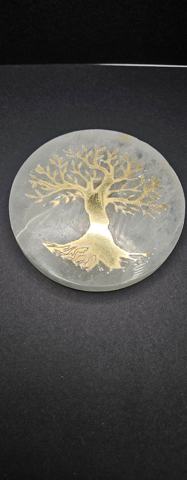 Selenite Tree Plate with Gold.