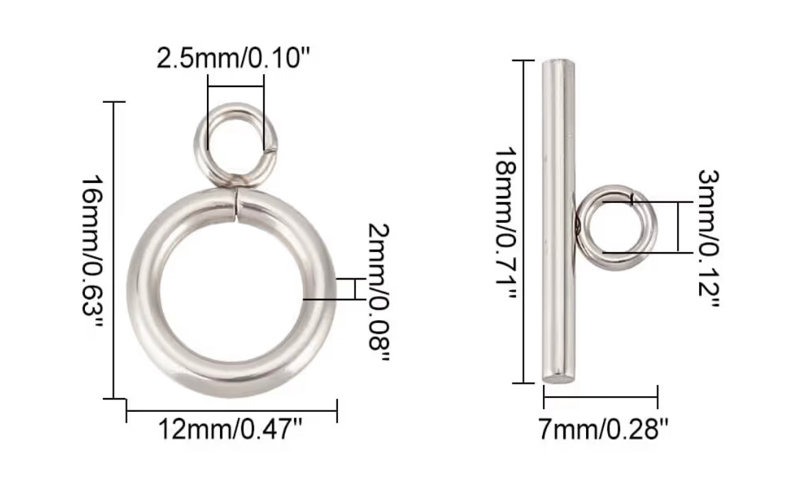 Stainless Steel Round Toggle Clasps Connectors T-Bar Closure Ring Clasps Extender.