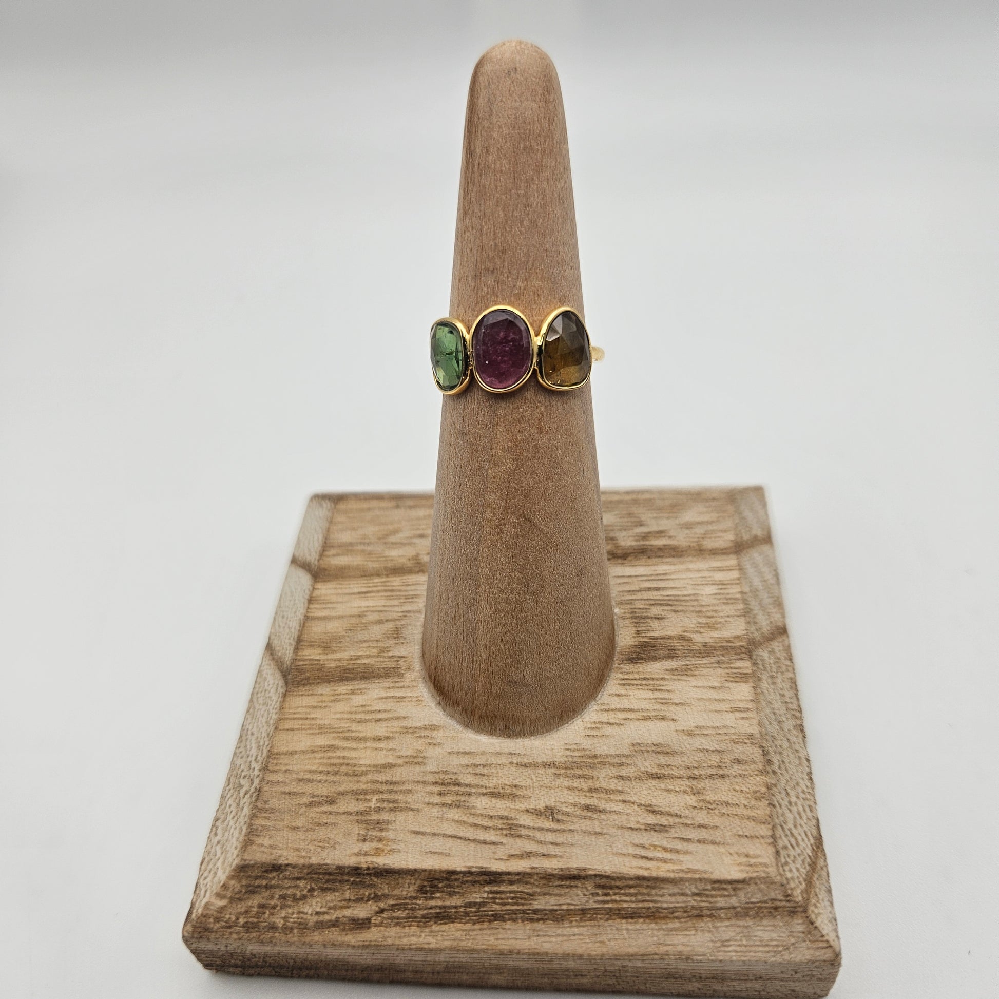 Sterling Silver 18k Gold Vermeil Faceted Multi Tourmaline 3 Stone Ring.
