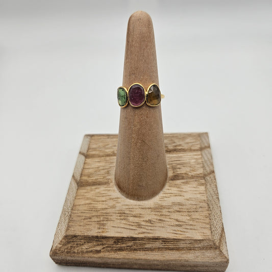 Sterling Silver 18k Gold Vermeil Faceted Multi Tourmaline 3 Stone Ring.