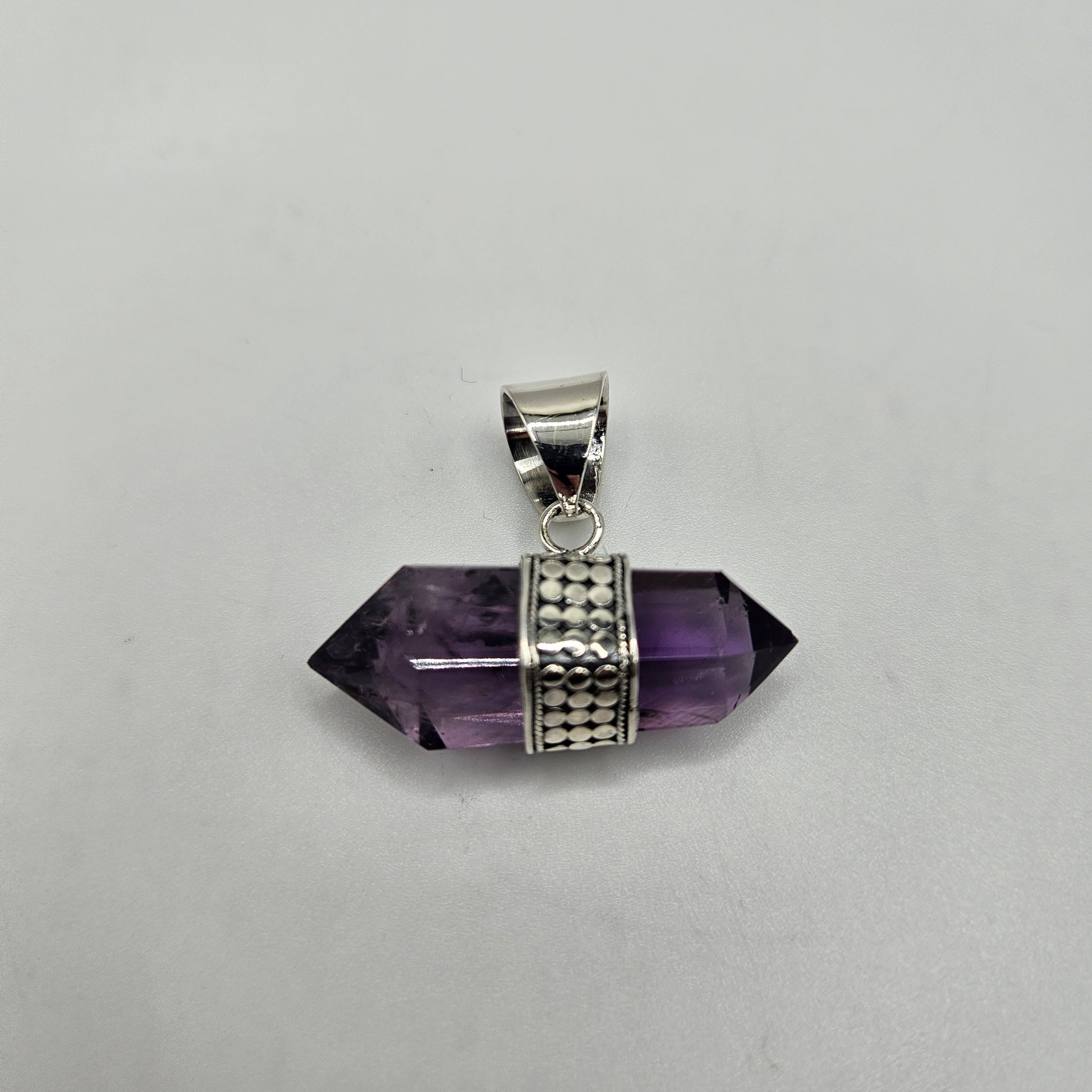 Sterling Silver Amethyst Double Point Ornate Pendant.