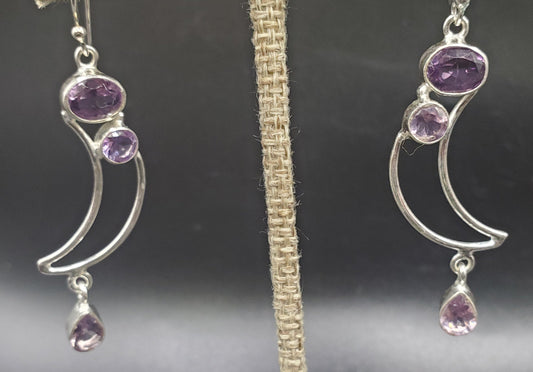 Sterling Silver Amethyst Moon Earrings. 