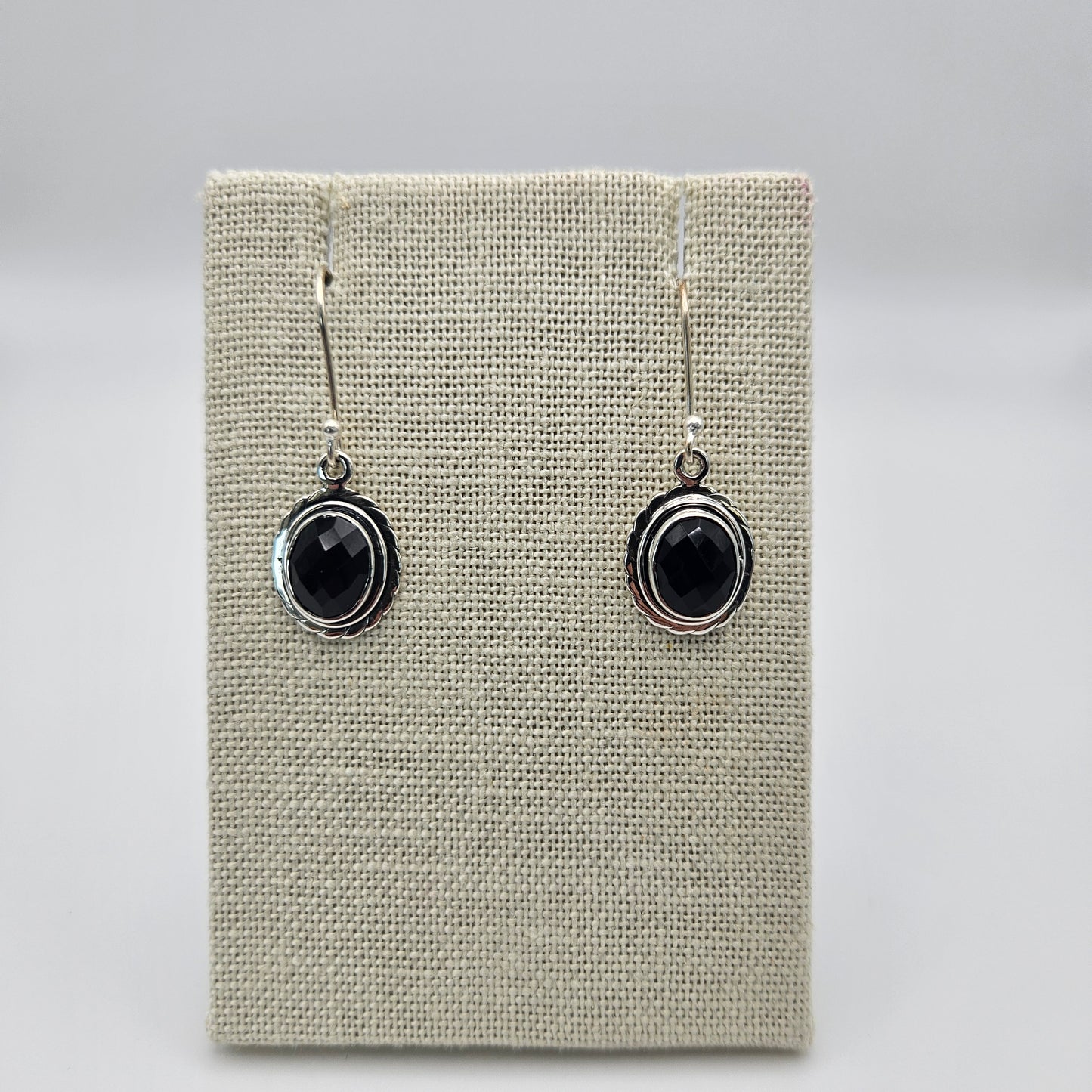 Sterling Silver Black Onyx Faceted Dangle Earrings 1 inch.