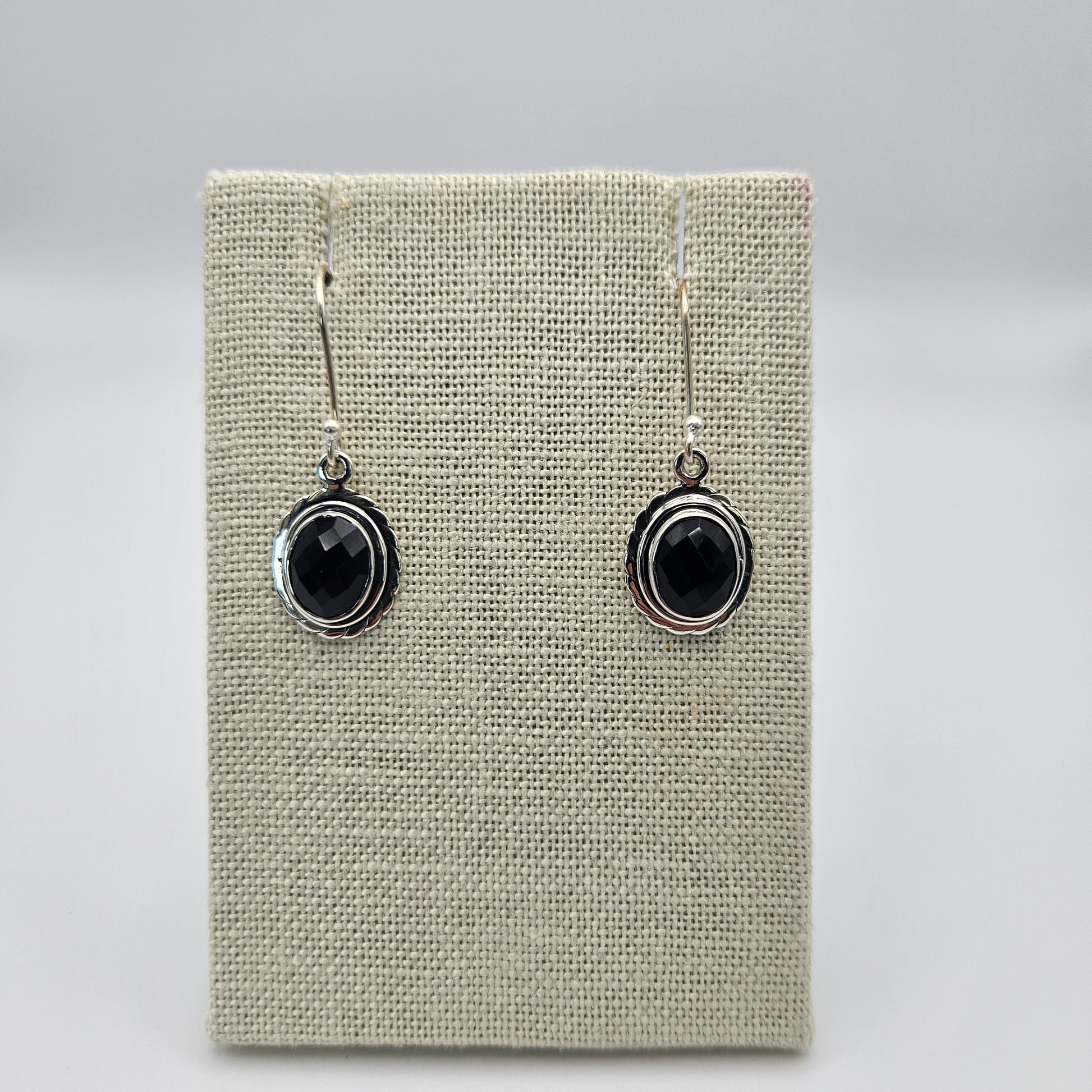Sterling Silver Black Onyx Faceted Dangle Earrings 1 inch.