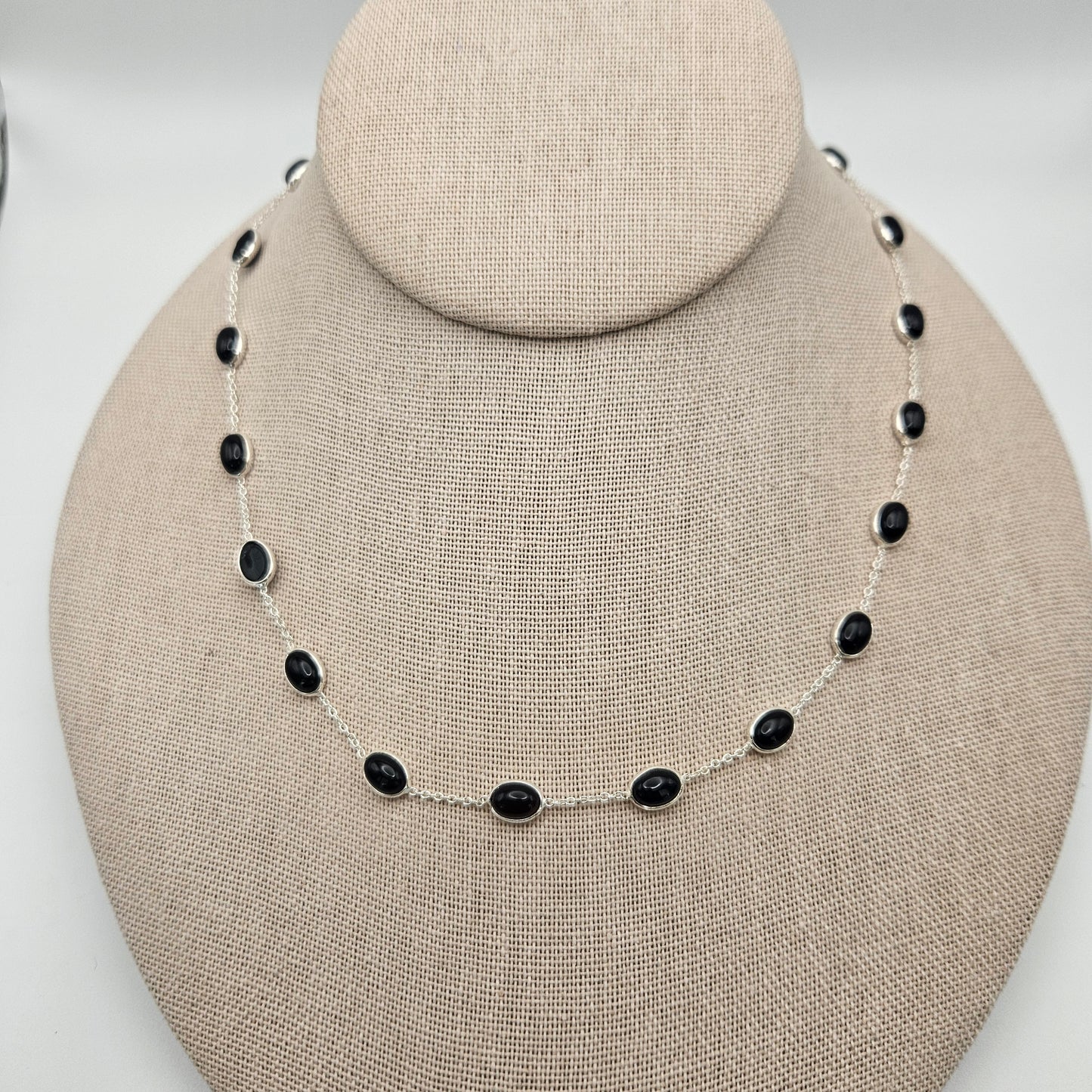Sterling Silver Black Onyx Link Gemstone Adjustable Necklace 17.5 inch.