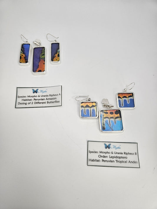 Discover the exquisite Sterling Silver Butterfly Medium Set, a unique jewelry collection featuring two pairs of earrings inspired by the vibrant Morpho and Urania butterfly species from a Peruvian sanctuary. Available in rectangular and square shapes, these stunning designs showcase radiant blue and orange hues with detailed informational cards.