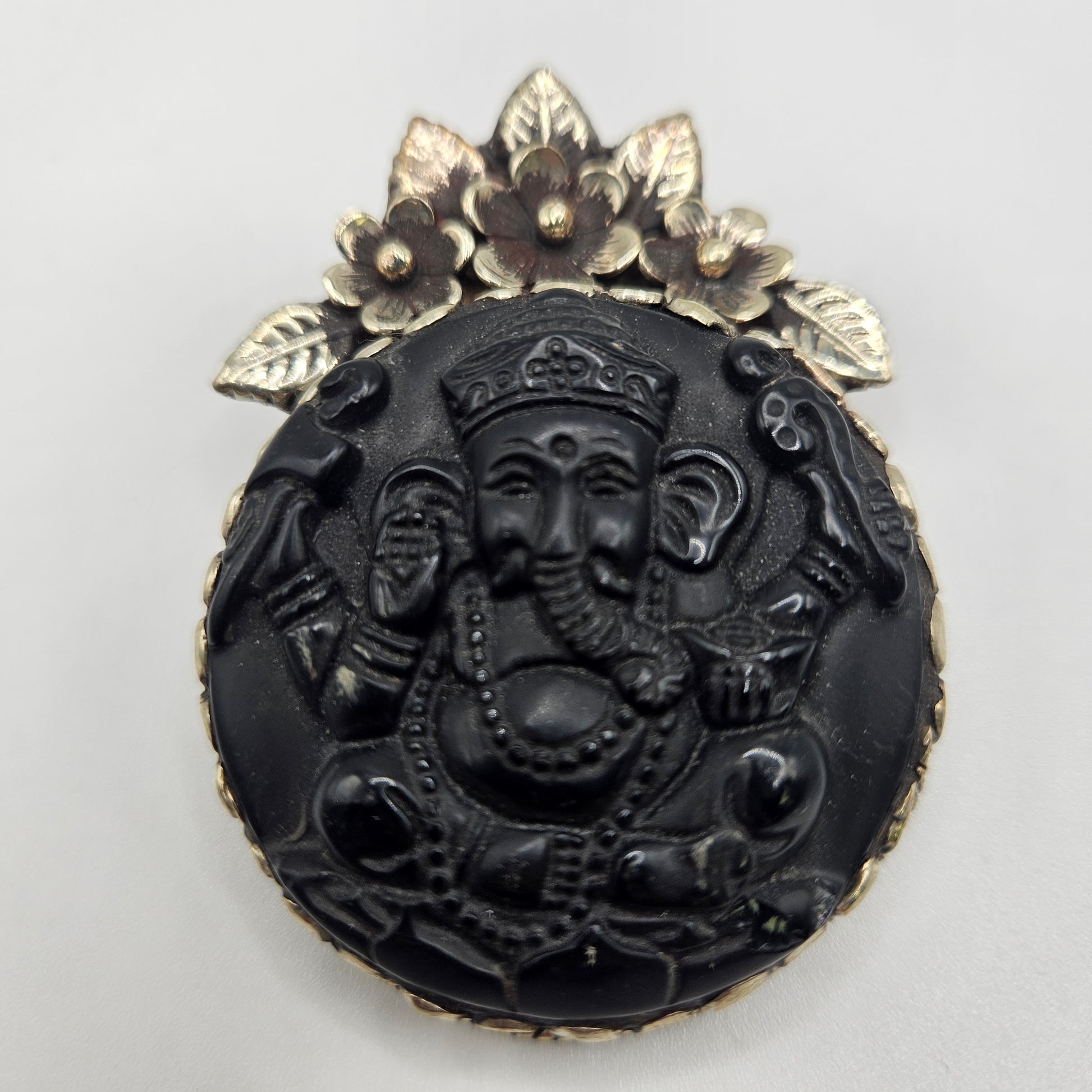 Sterling Silver Carved Black Onyx Ganesh Flower Pendant.