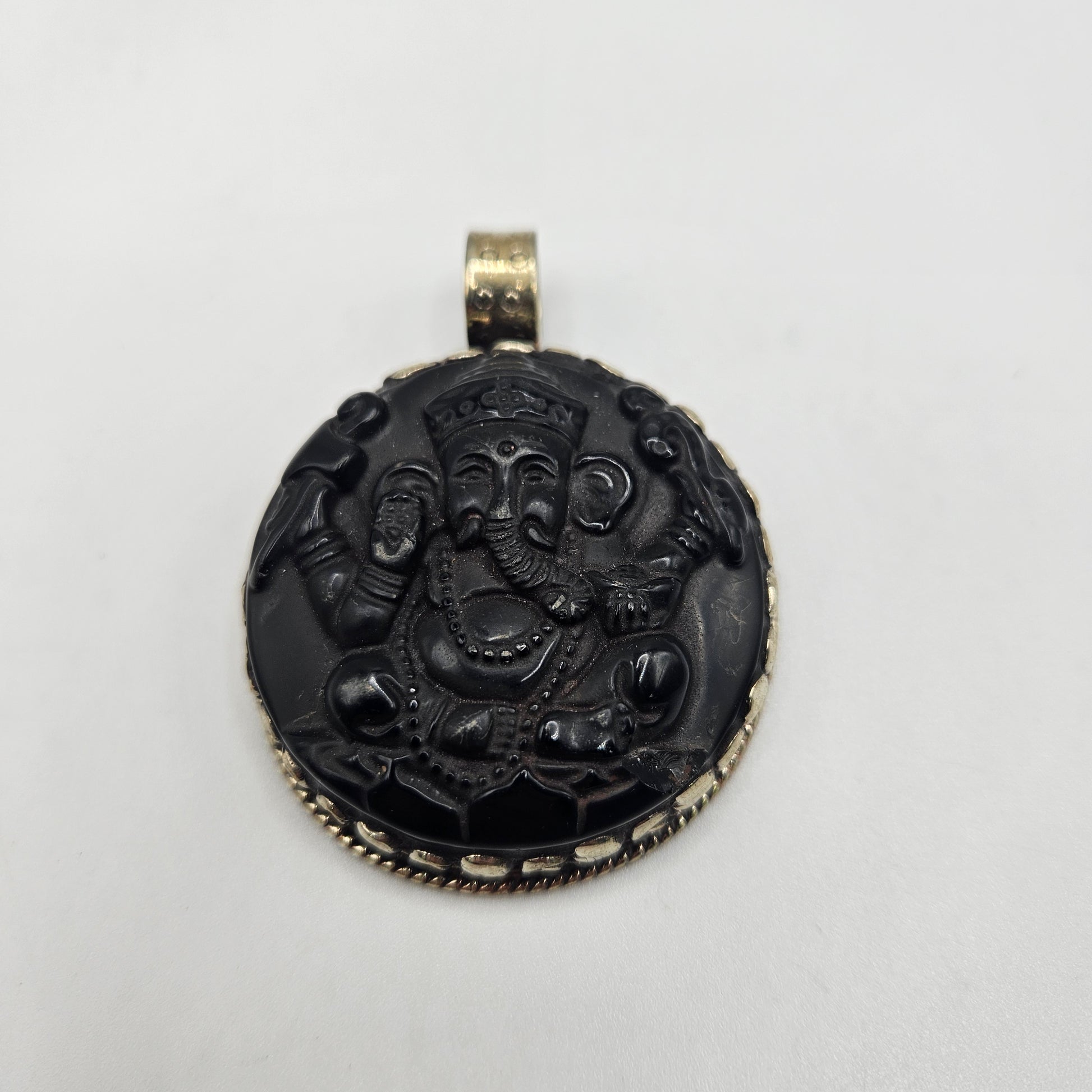 Sterling Silver Carved Black Onyx Ganesh Pendant.