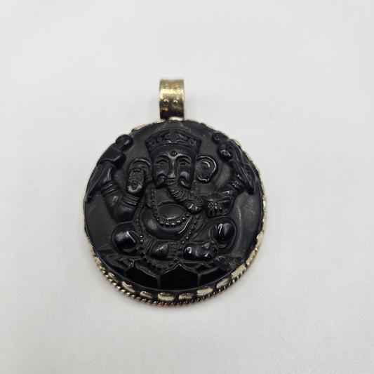 Sterling Silver Carved Black Onyx Ganesh Pendant.