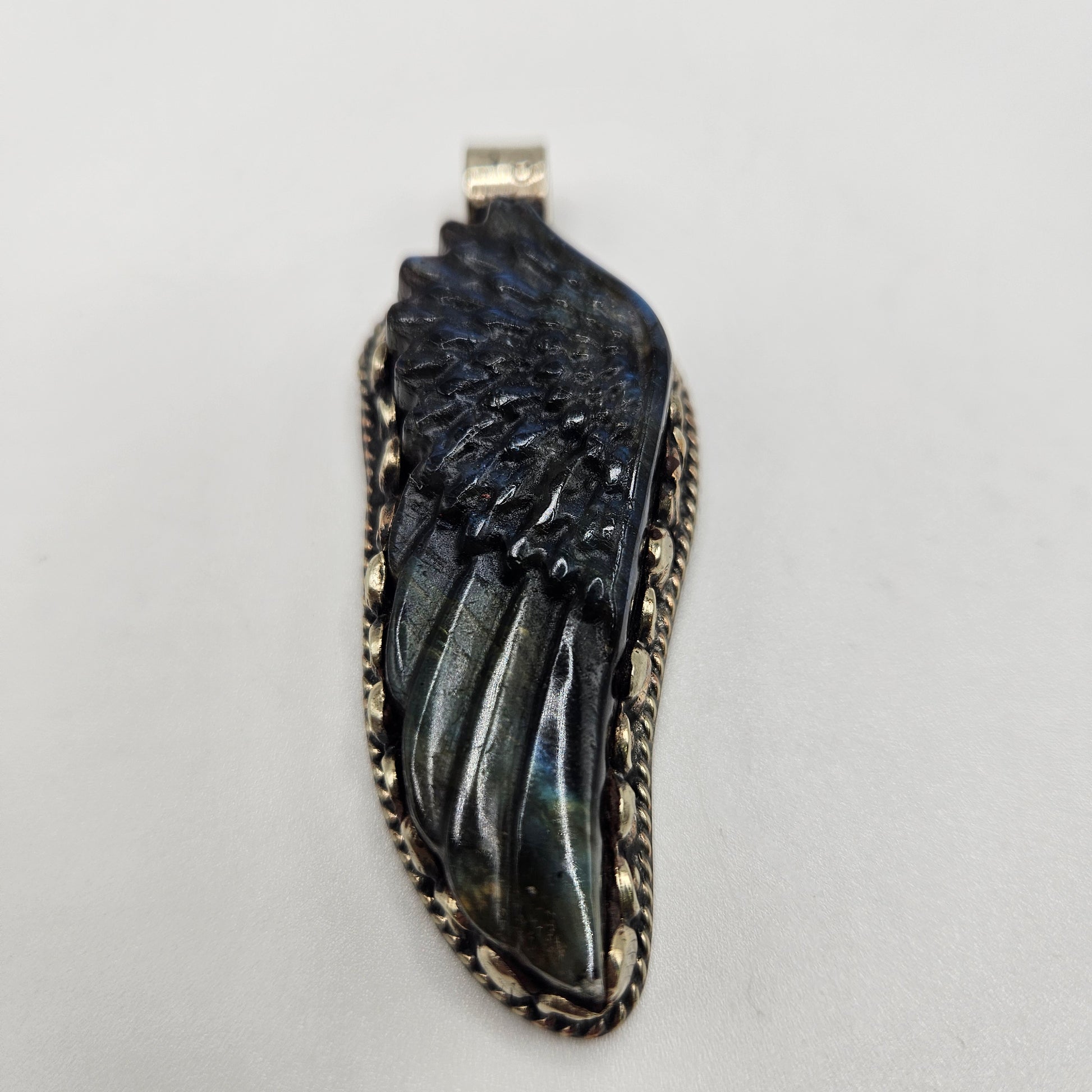 Sterling Silver Carved Labradorite Angel Wing Pendant.