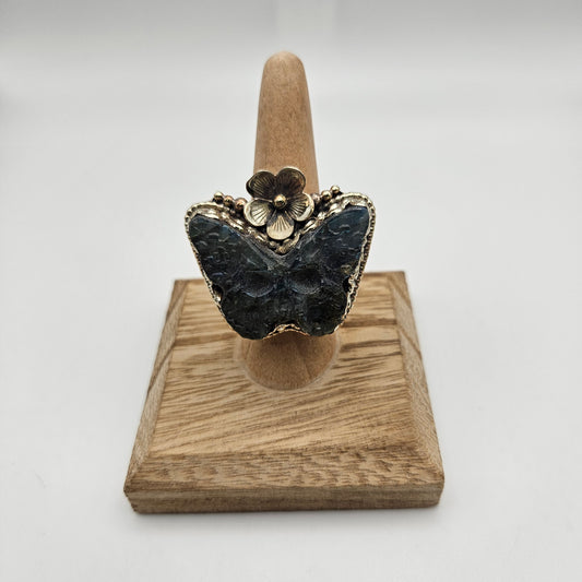 Sterling Silver Carved Labradorite Butterfly Skull Ring Adjustable 1.5 inch.