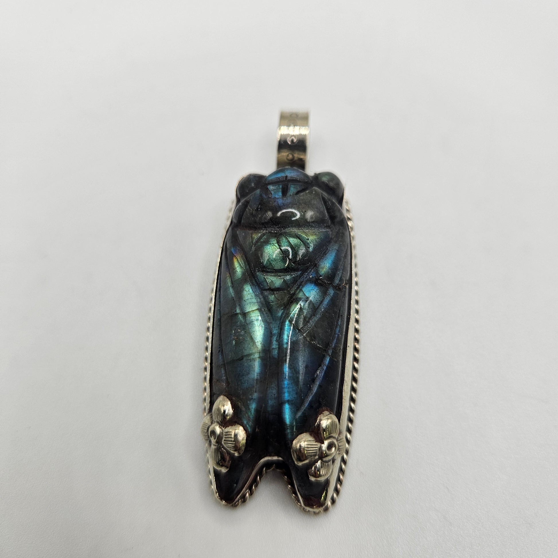 Sterling Silver Carved Labradorite Cicada Pendant.