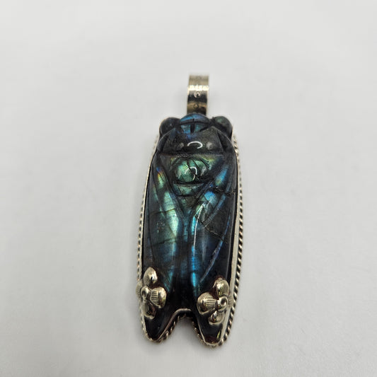 Sterling Silver Carved Labradorite Cicada Pendant.