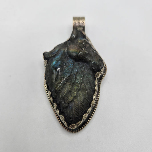 Sterling Silver Carved Labradorite Horse Wing Pendant.