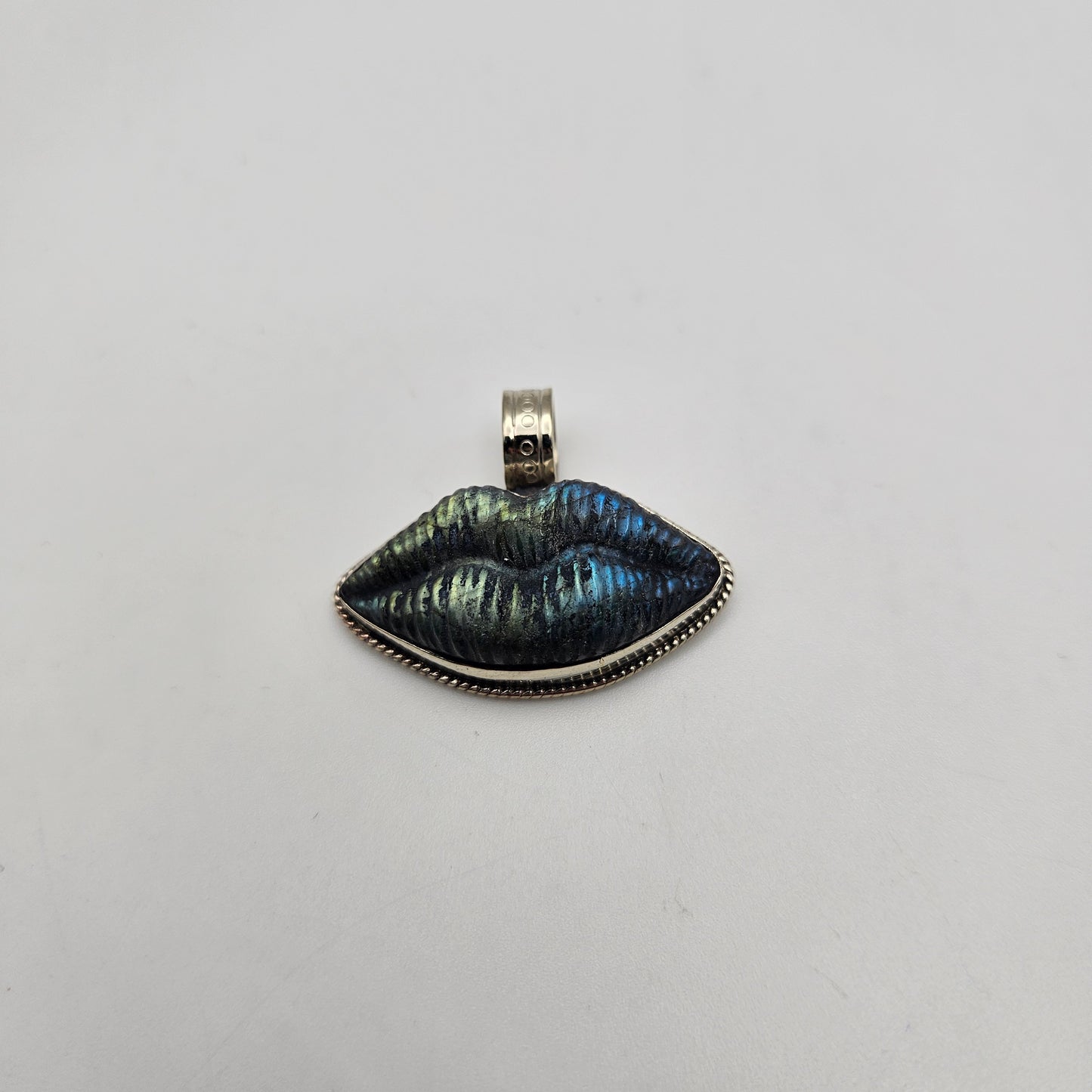 Sterling Silver Carved Labradorite Lips Pendant 2 inch.