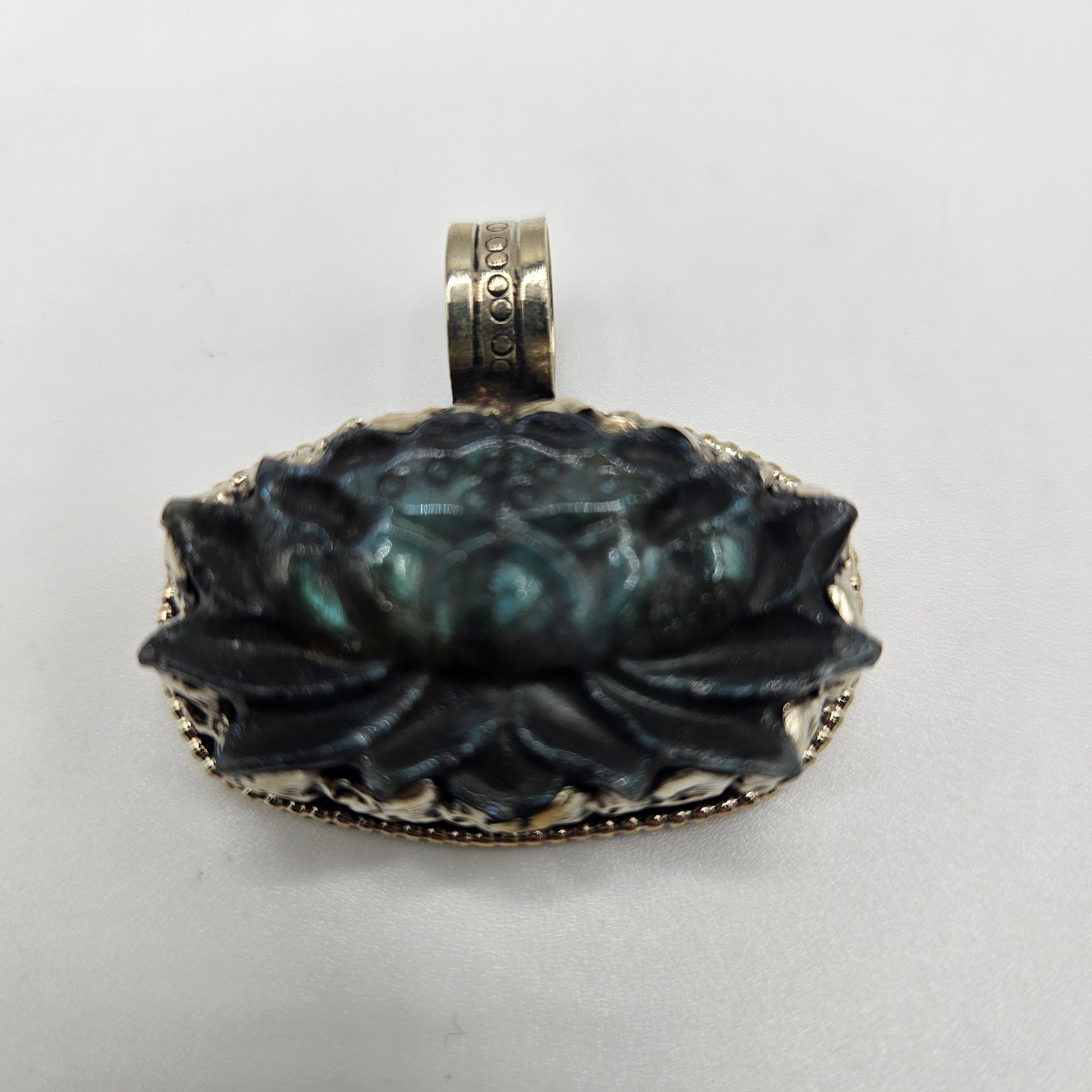 Sterling Silver Carved Labradorite Lotus Pendant.