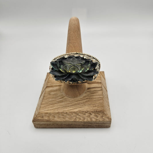 Sterling Silver Carved Labradorite Lotus Ring Adjustable 2 inch.