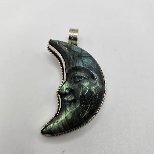 Sterling Silver Carved Labradorite Moon Pendant.