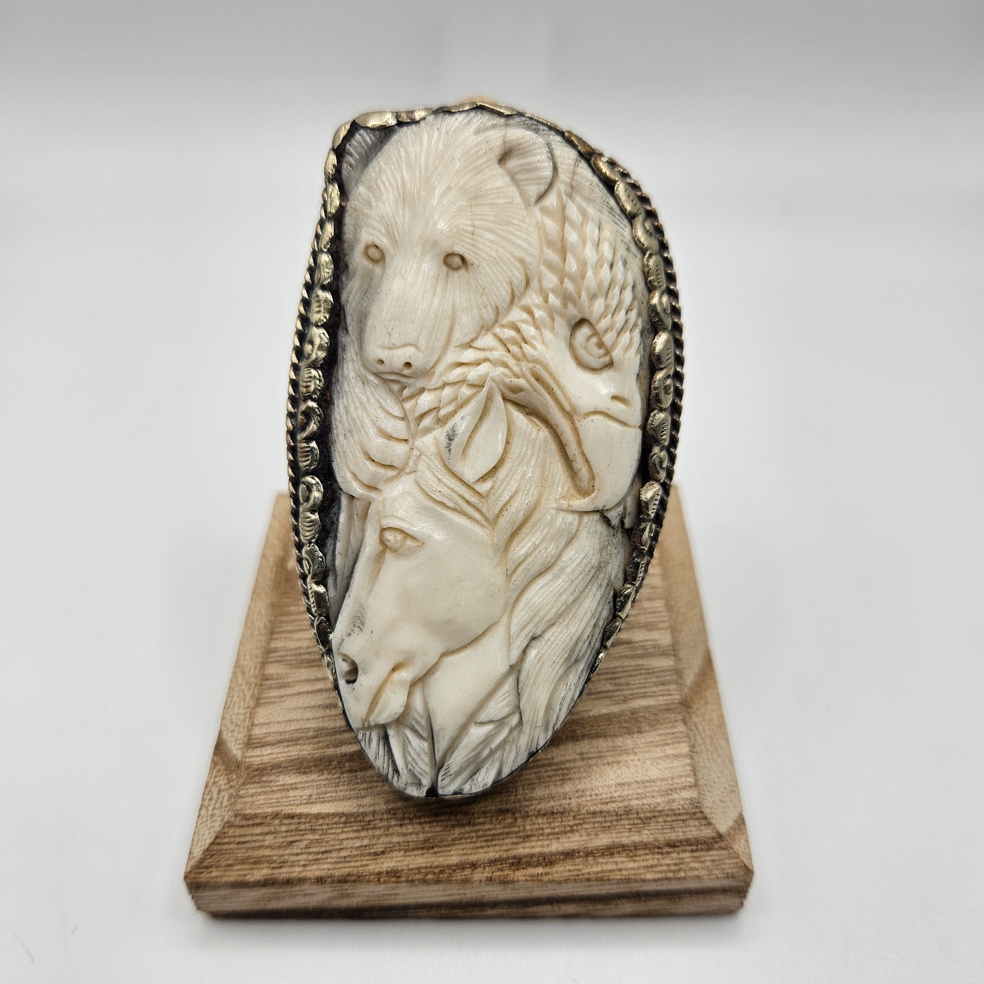 Sterling Silver Carved Ox Bear Horse Eagle Ring Adjustable.