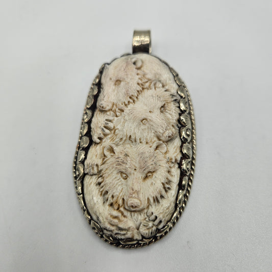 Sterling Silver Carved Ox Bone Bear Pendant.