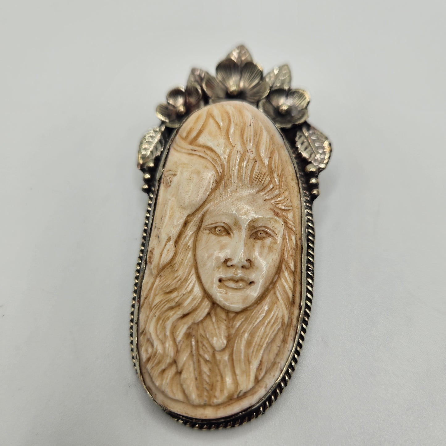 Sterling Silver Carved Ox Bone Horse Goddess Pendant.