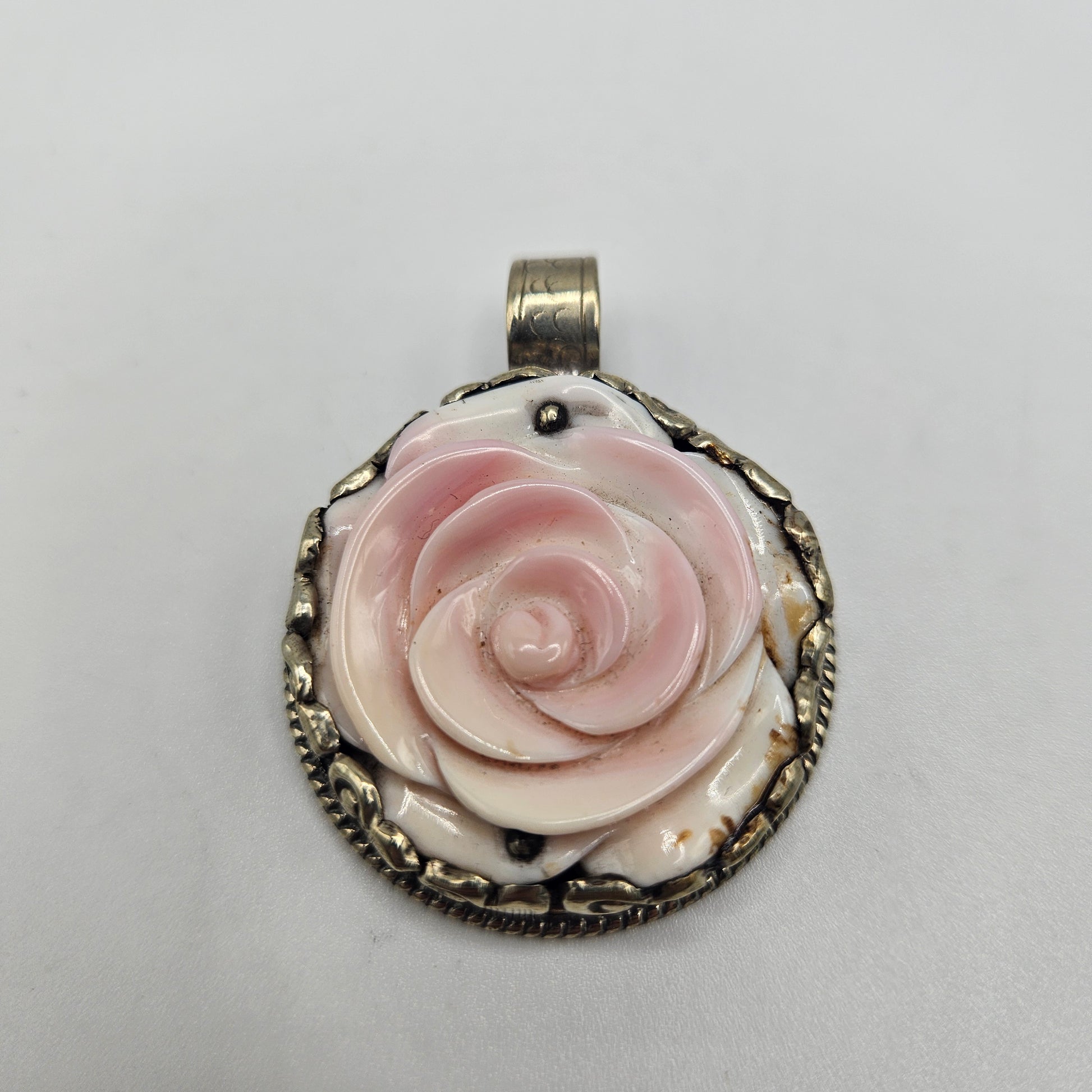 Sterling Silver Carved Ox Bone Rose Pendant.