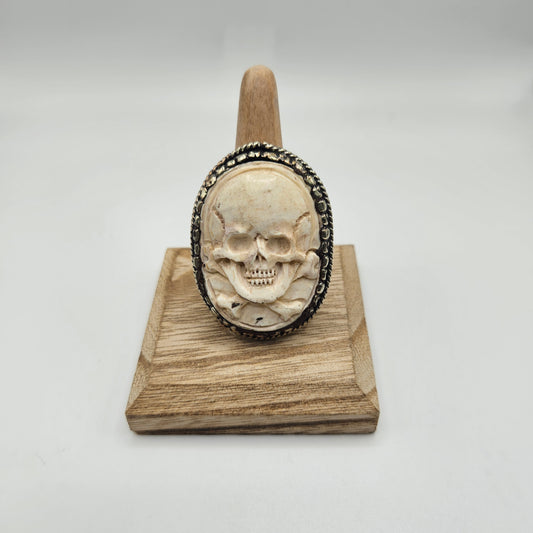 Sterling Silver Carved Ox Bone Skull Ring Adjustable.