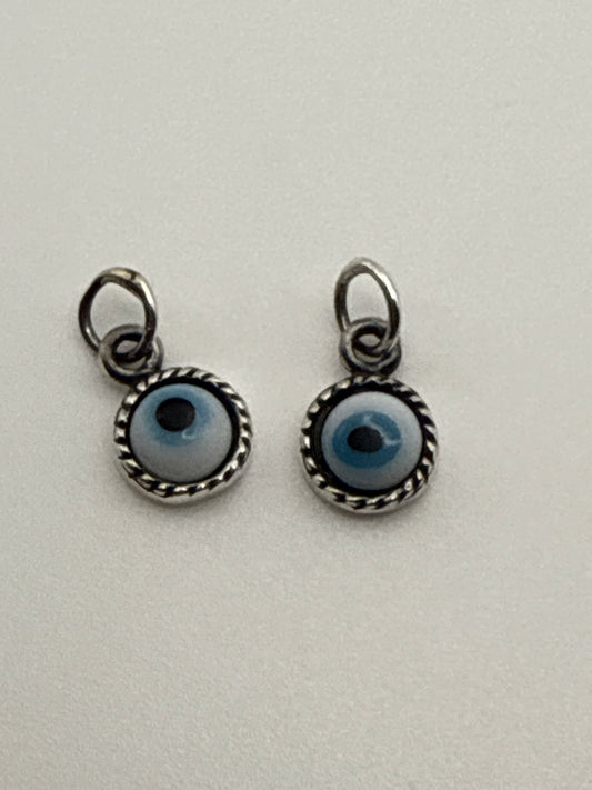 Sterling Silver Charm Evil Eye Glass White Eye Twisted Rope Bezel.