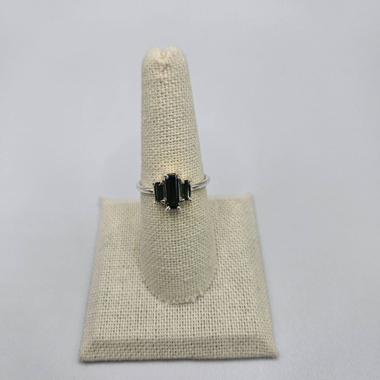 Sterling Silver Emerald Cut 3 Stone Green Tourmaline Ring Size 8.