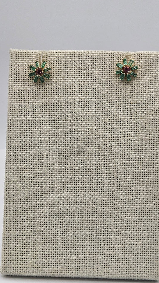 Sterling Silver Emerald and Ruby Flower Studs