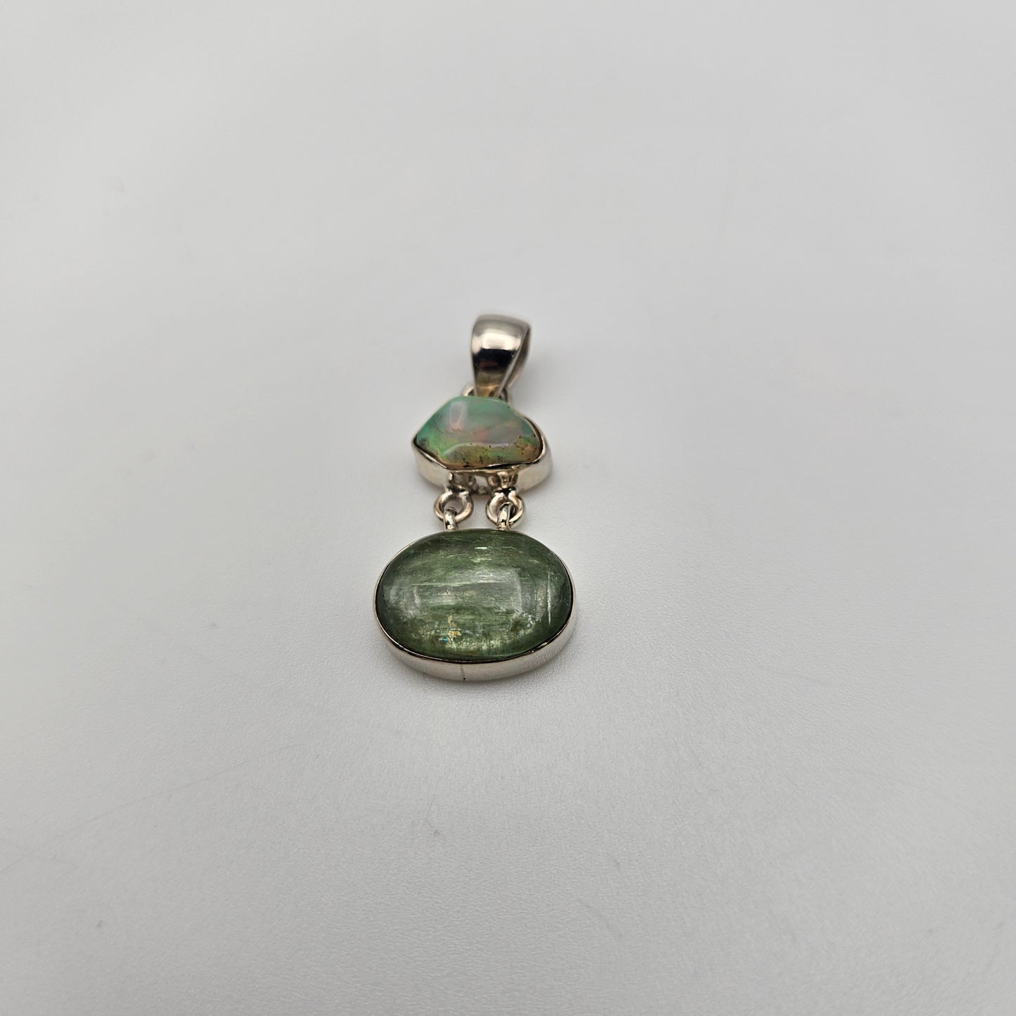 Sterling Silver Ethiopian Opal and Green Kyanite 2 Stone Combo. Pendant