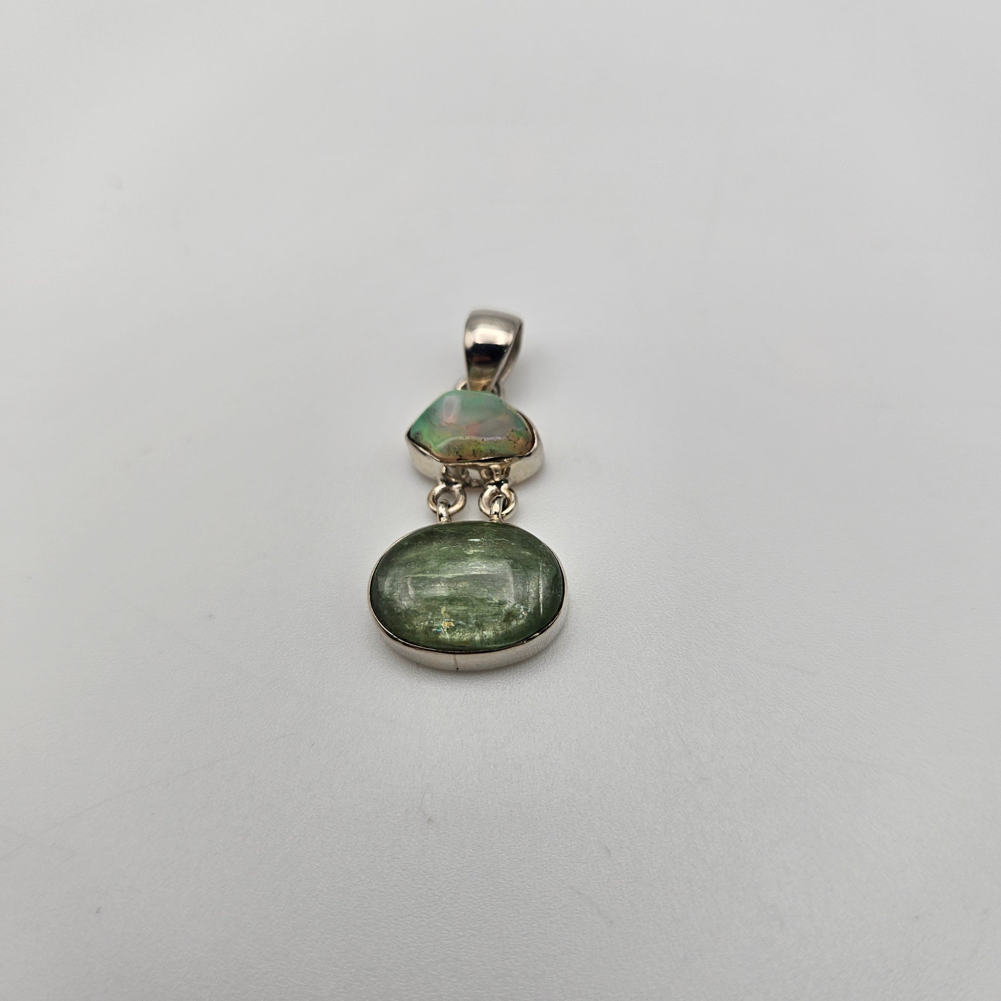 Sterling Silver Ethiopian Opal and Green Kyanite 2 Stone Combo. Pendant