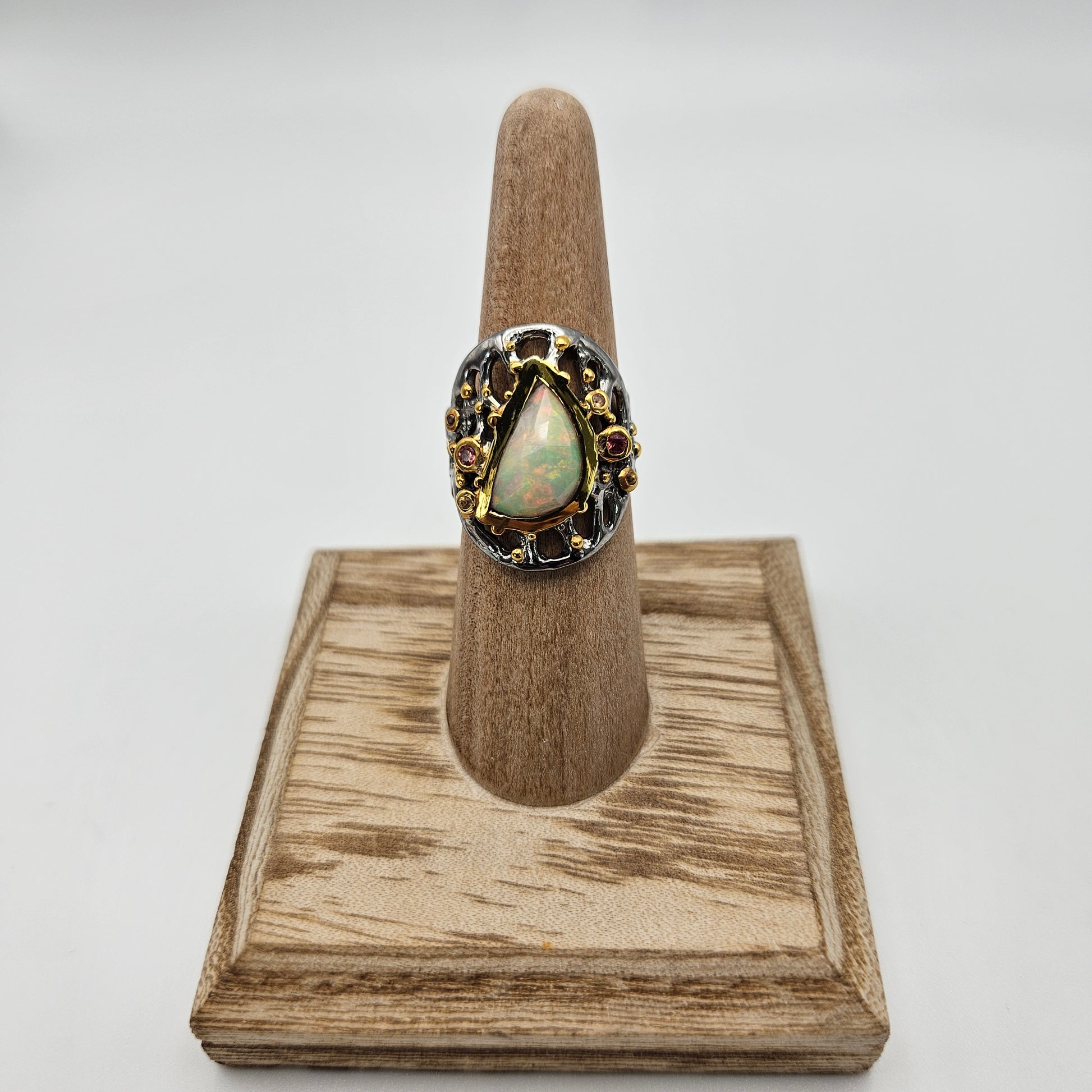 Sterling Silver Ethiopian Opal Sapphire Black and Gold Plated Ring Size 7.