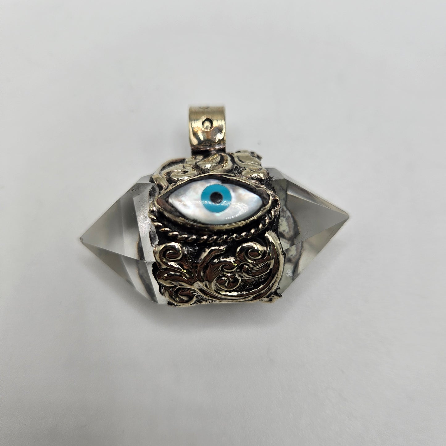 Sterling Silver Evil Eye Clear Quartz Double Point Pendant.