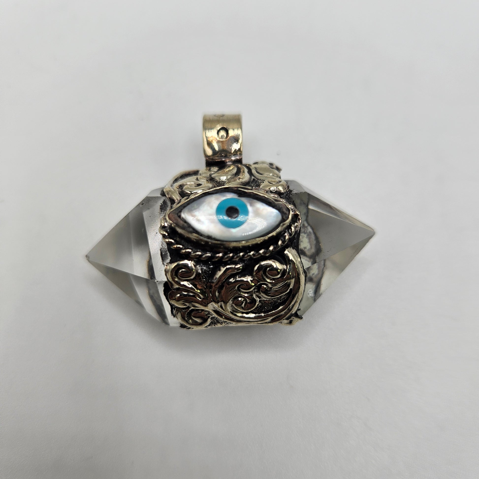 Sterling Silver Evil Eye Clear Quartz Double Point Pendant.