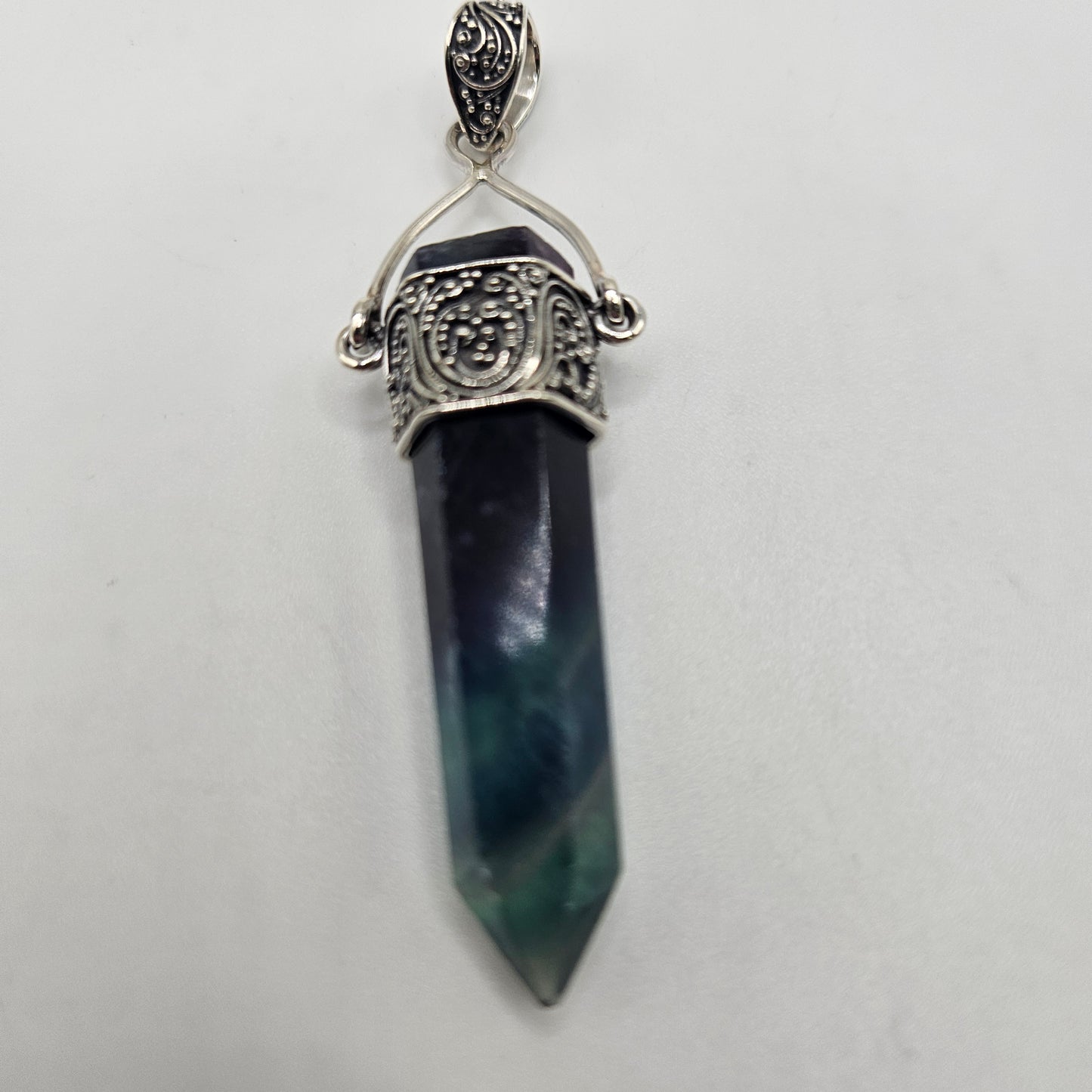 Sterling Silver Fluorite Point Cap Ornate Pendant.