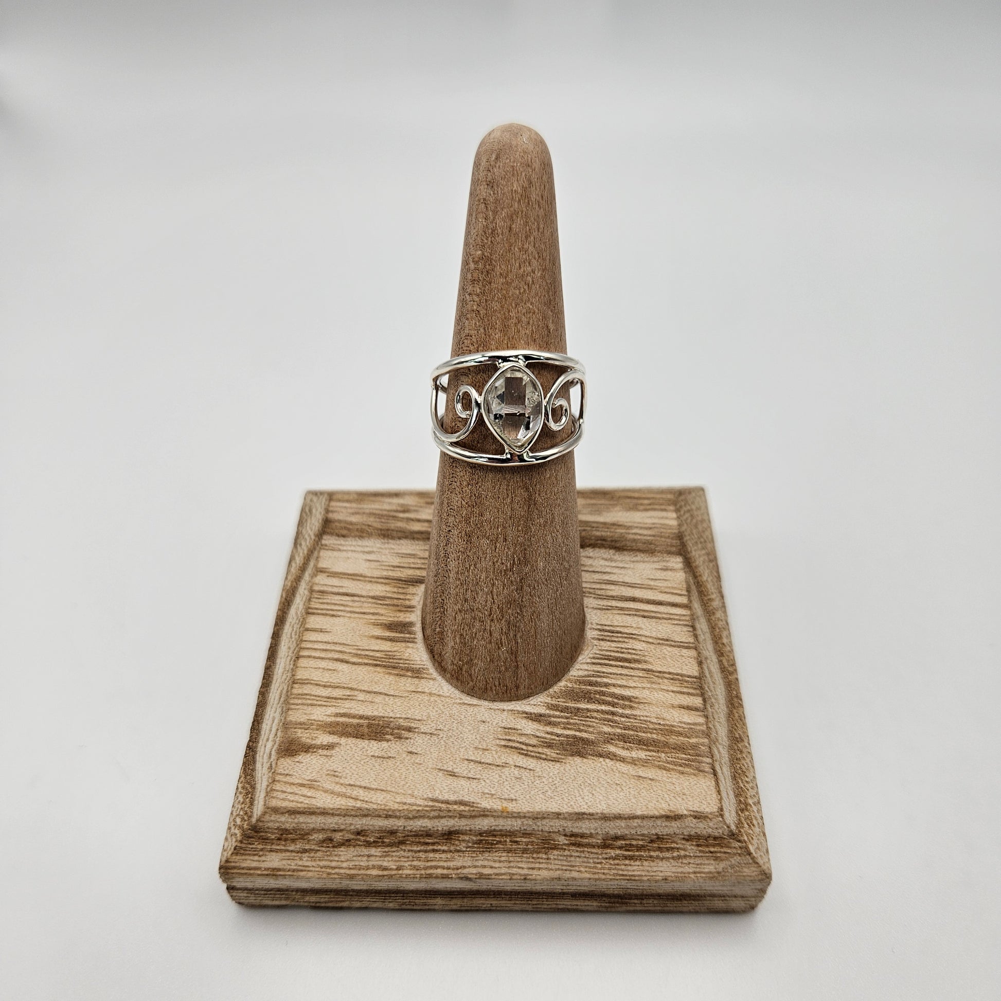 Sterling Silver Free Form Cut Herkimer Diamond Filigree Band Ring Size 6.
