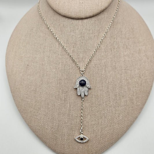 Sterling Silver Hamsa Evil Eye Lariat Necklace.