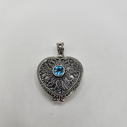 Sterling Silver Heart Locket Blue Topaz Gemstone Pendant.